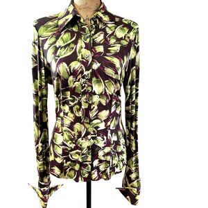 Etcetera Women's Green Brown Print Button Up Long Sleeve Jersy Shirt Blouse Sz 6
